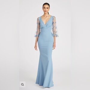 NWT Theia Kiera Light Blue Beaded Puff Sheer Sleeve Ethereal Gown